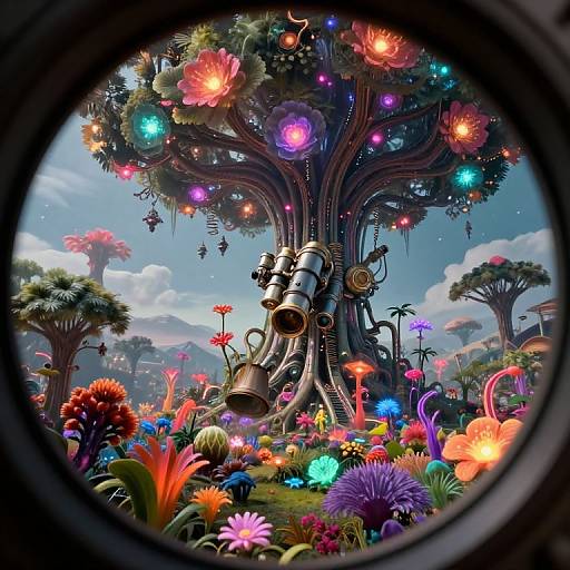 Futuristic, vibrant sci-fi forest scene with glowing flowers, a mechanical tree, and colorful lights, viewed through a circular lens. Digital art.