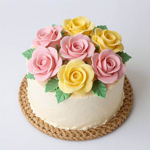 Photograph of a white cake with smooth frosting, topped with pink and yellow fondant roses, green leaves, and a woven brown base.