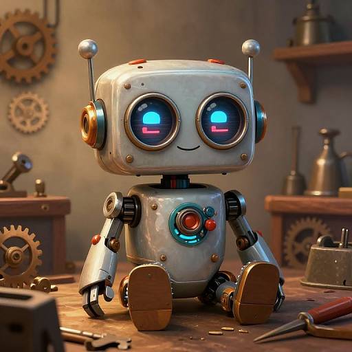CGI photograph of a cute, silver robot with round blue and pink glowing eyes, sitting on a wooden workbench with gears and tools in a workshop