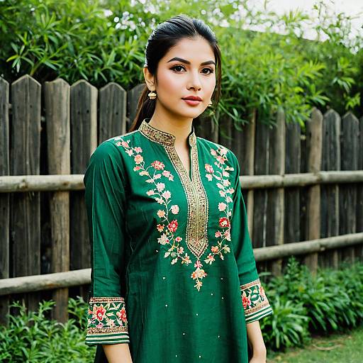Young Woman Wearing Green Embroidered Pakistani Kameez Outdoors