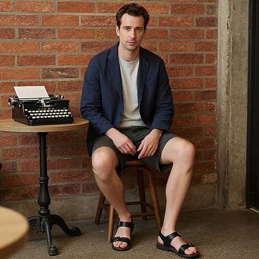 Photograph of a white man with short brown hair, wearing a navy blazer, white t-shirt, gray shorts, and black sandals, sitting on