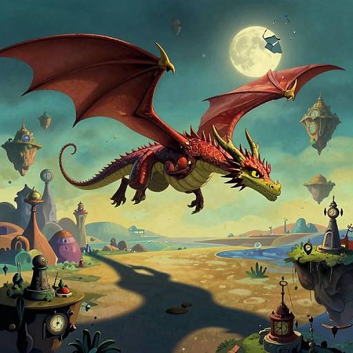 Colorful digital artwork of a red dragon with large wings soaring above a fantasy landscape with floating lanterns, a glowing full moon, and whimsical buildings