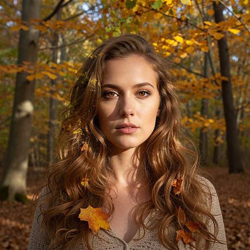 Photograph of a young woman with wavy brown hair, fair skin, and brown eyes, standing in a sunlit autumn forest, surrounded by yellow