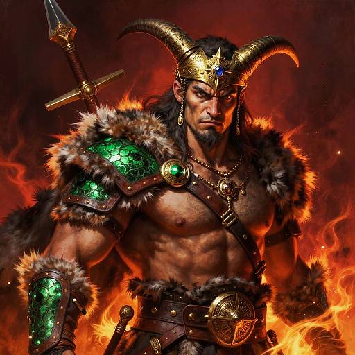 Digital artwork of a muscular, horned, dark-skinned warrior with glowing green armor, fur trim, and a fiery background, holding a sword.