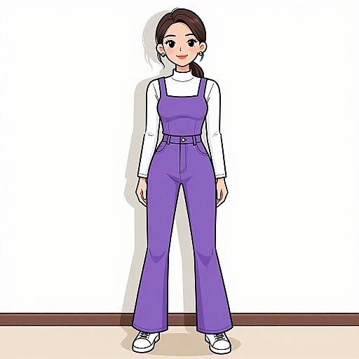 Digital drawing of a smiling woman with brown hair in a ponytail, wearing purple overalls over a white long-sleeve shirt and white shoes,