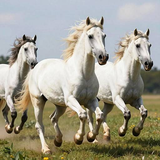 White Horses Running in Sunlit Meadow