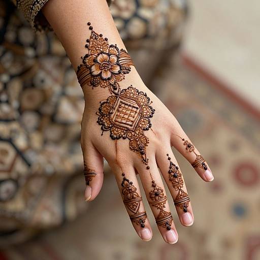 Photograph of a hand with intricate brown henna patterns covering the palm, fingers, and wrist, against a patterned carpet background.