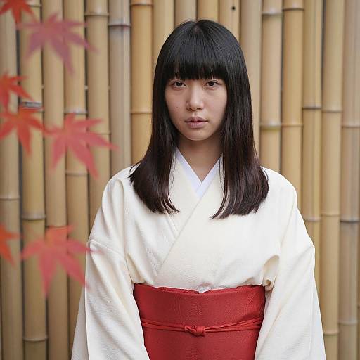 Asian Woman in White Kimono with Red Hakama