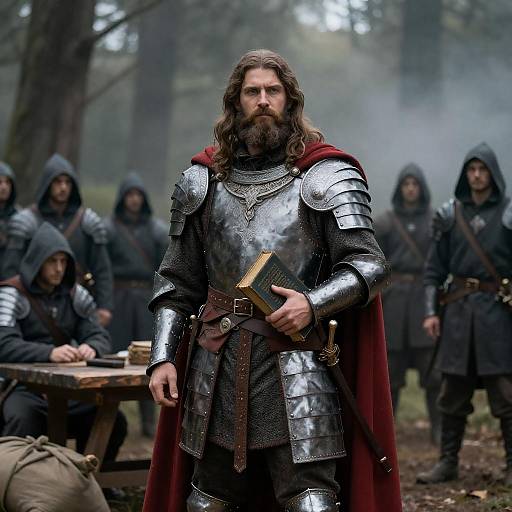 Medieval Knight with Book and Soldiers in Forest