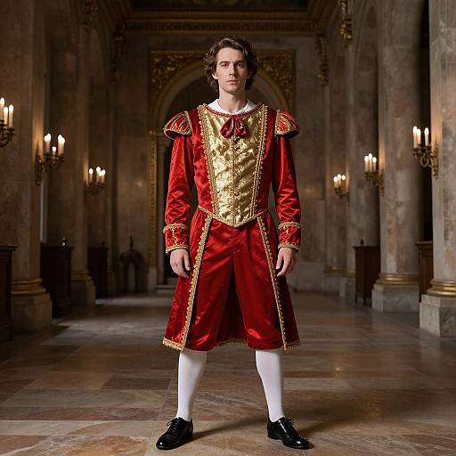 Photograph of a young man with curly brown hair, wearing a red and gold Renaissance-style outfit with white stockings and black shoes, standing in an orn