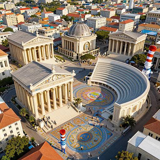 Aerial photograph of a bustling Greek city center with vibrant mosaic floors, neoclassical buildings, a theater, and a lighthouse.