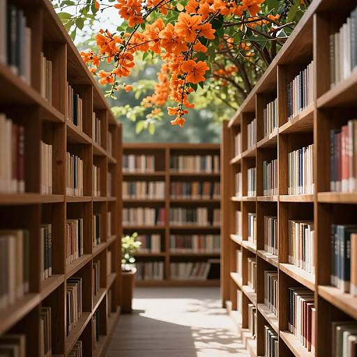 Photograph of a sunlit library aisle with wooden bookshelves on both sides, framed by vibrant orange bougainvillea blossoms overhead.