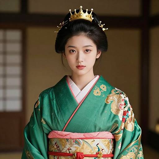 Asian Girl in Green and Gold Kimono