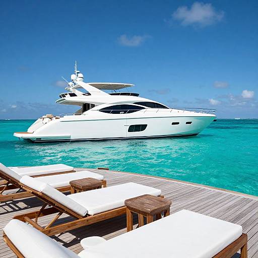Photograph of a white yacht anchored in turquoise ocean, with a wooden deck in the foreground featuring white-cushioned lounge chairs. Bright blue sky overhead