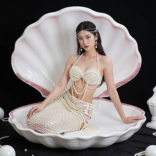 Photograph of an Asian woman with long black hair, wearing a pearl bikini and skirt, seated in a large white seashell, adorned with pearl