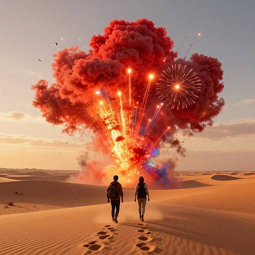 Photograph of two silhouetted figures walking away in a desert, with a massive, vibrant red explosion and fireworks in the background at sunset.