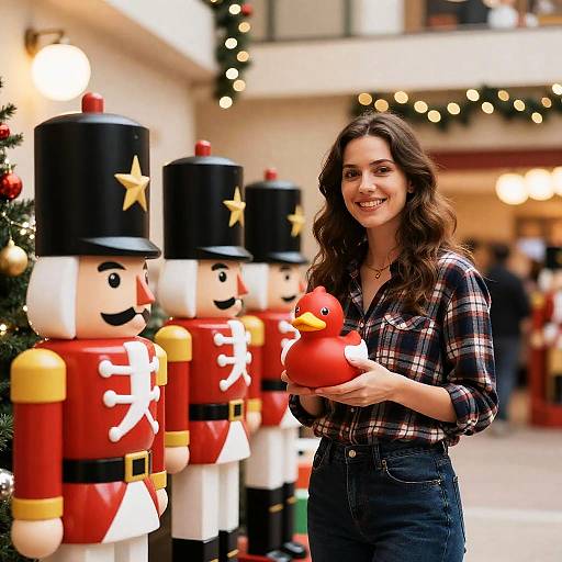 Woman Holding Red Duck Toy Beside Toy Soldiers