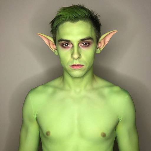 Digital CGI portrait of a shirtless, green-skinned, young male goblin with short dark green hair, large pointed ears, and serious expression against
