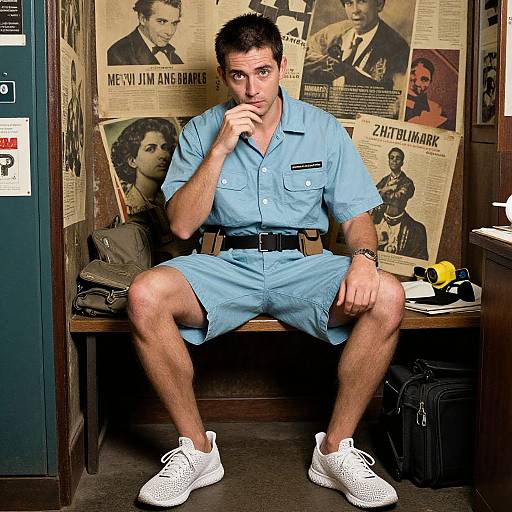 Photograph of a young man in a light blue police uniform, sitting on a wooden bench, surrounded by vintage newspaper posters, with a thoughtful expression,