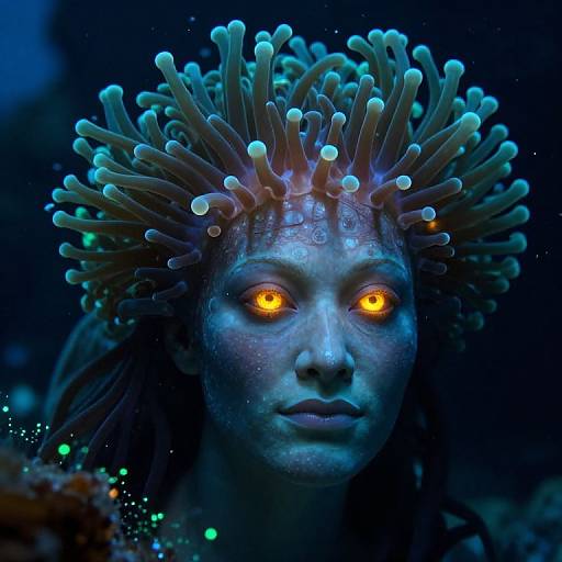 Photograph of a woman with glowing orange eyes, blue skin, and a vibrant, jellyfish-like crown, set against a dark, underwater background.