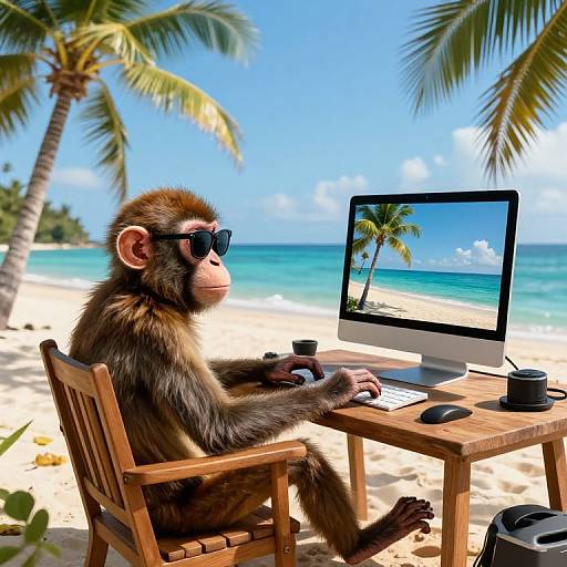 Photograph of a brown monkey in sunglasses, typing on a beach computer setup with palm trees, ocean, and coffee cups.