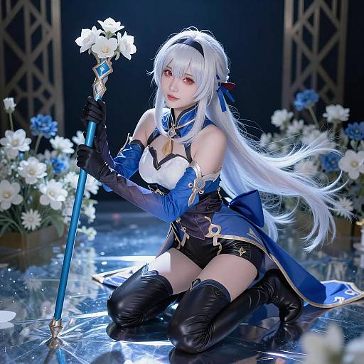 White-Haired Anime Girl on Blue Surface