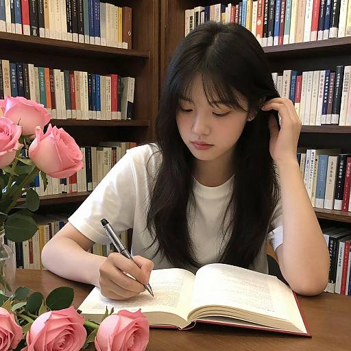 Asian woman with long black hair, wearing white shirt, writing in open book, surrounded by pink roses, in book-filled library. Photograph.