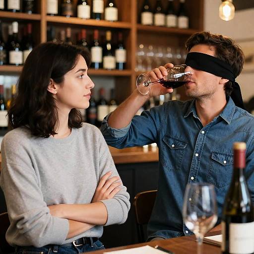 Blindfolded Man Tasting Wine at Wine Bar