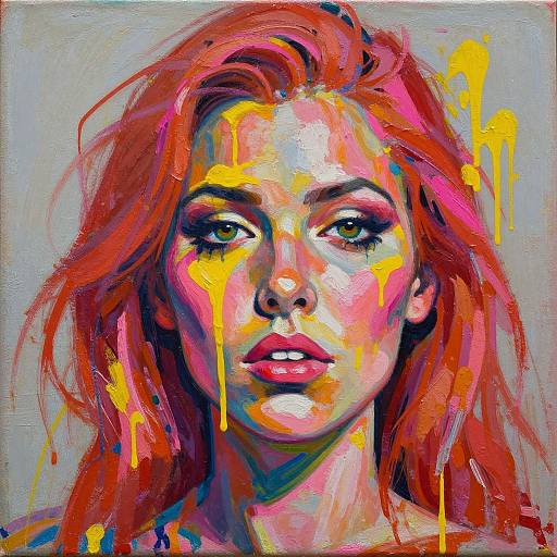 Vibrant digital painting of a red-haired woman with bold colors, yellow and pink splashes on her face, intense green eyes, and a neutral