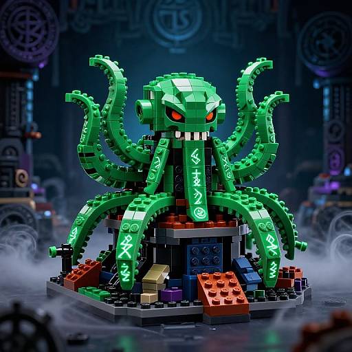 Digital LEGO-style image of a green octopus-like creature with glowing red eyes and eight tentacles, standing on a multi-colored base, surrounded by mist
