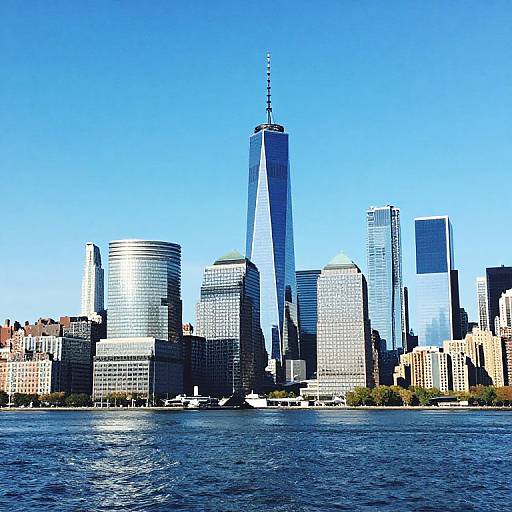 Photograph of New York City skyline with One World Trade Center towering over modern skyscrapers, reflected in clear blue water.