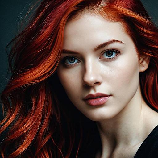 Photograph of a young woman with striking red hair, fair skin, and blue eyes, illuminated by dramatic light and shadow, against a dark background.