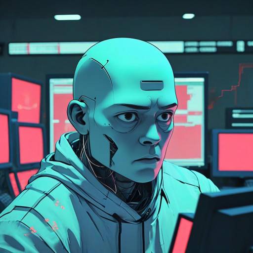 Futuristic cyborg hacker at computer