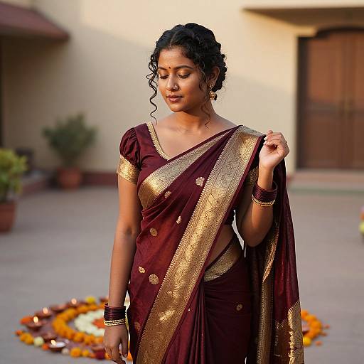 Photograph of a beautiful Indian woman with medium brown skin and curly black hair, wearing a maroon and gold traditional saree, standing in a courtyard