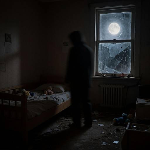 Photograph of a dark, cluttered room with shattered window, glowing moon, shadowy figure, messy bed, toys, and scattered objects.