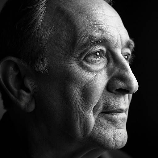 Black-and-white close-up photograph of an older man's profile, highlighting his wrinkled face, deep-set eyes, and subtle smile against a dark background