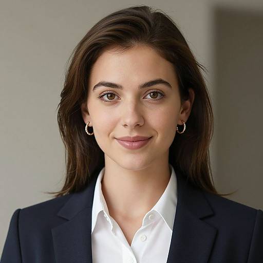 Photograph of a young woman with fair skin, dark brown hair, brown eyes, wearing a black blazer, white shirt, and silver hoop earrings