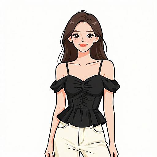 Digital anime-style drawing of a smiling Asian woman with long brown hair, wearing a black off-shoulder top and white pants.