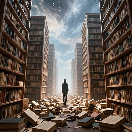 Silhouette of a person standing amidst falling books between towering library shelves, under a starry, cosmic sky. Digital artwork.