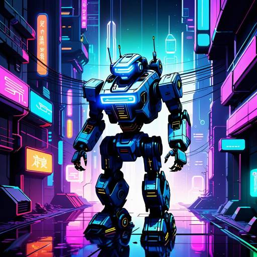 Robotic Explorer in Neon Urban Nightscape