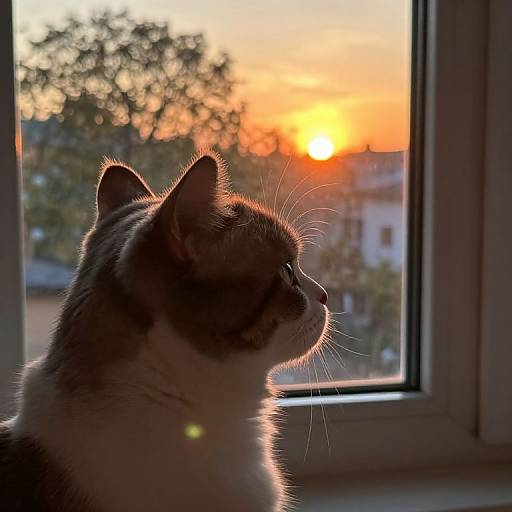 Photograph of a tabby cat silhouetted against a vibrant sunset through a window, with blurred trees and buildings outside.
