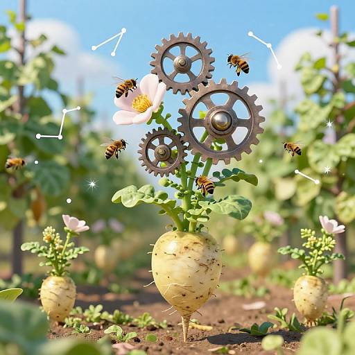 Digital illustration of a yellow carrot with gears and flowers, surrounded by buzzing bees in a bright, sunny garden.