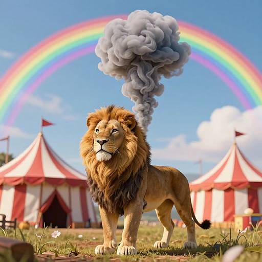 Photorealistic CGI of a lion with a large, smoke-like mane cloud, standing in a grassy field with red-and-white circus tents and a