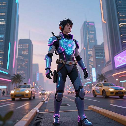 CGI image of a futuristic, neon-lit city street at dusk, featuring a young, Asian male in a glowing, cybernetic suit standing
