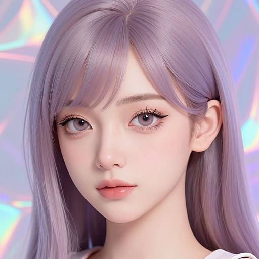 Digital CGI portrait of a young Asian woman with long, lavender hair, large blue eyes, and fair skin, against a glowing, multicolored background