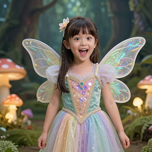 Photograph of a young Asian girl with dark hair, fairy wings, and a colorful princess dress, smiling in a enchanted forest with glowing mushrooms.