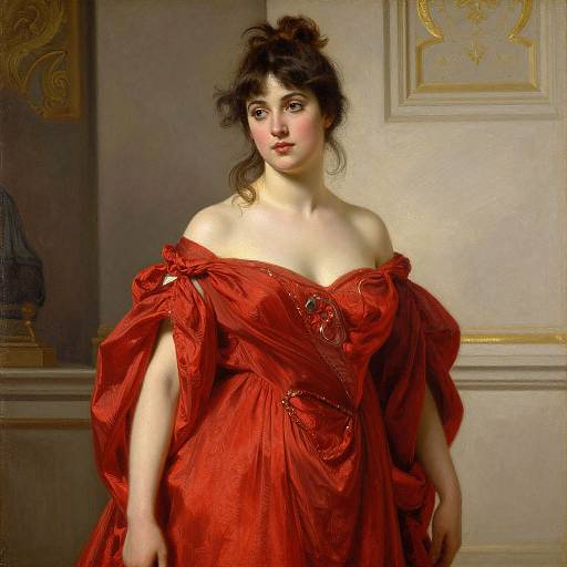 Neoclassical painting of a fair-skinned woman with dark hair in an updo, wearing an off-shoulder, vibrant red gown with