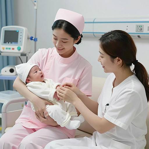 Nurse Holding Newborn with Mother in Hospital Room