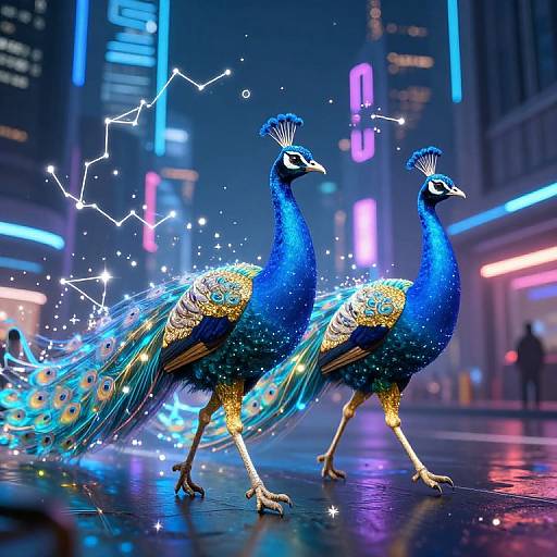 Digital artwork of two vibrant peacocks with electric blue and gold feathers, standing in a neon-lit, futuristic city street, surrounded by sparkling lights