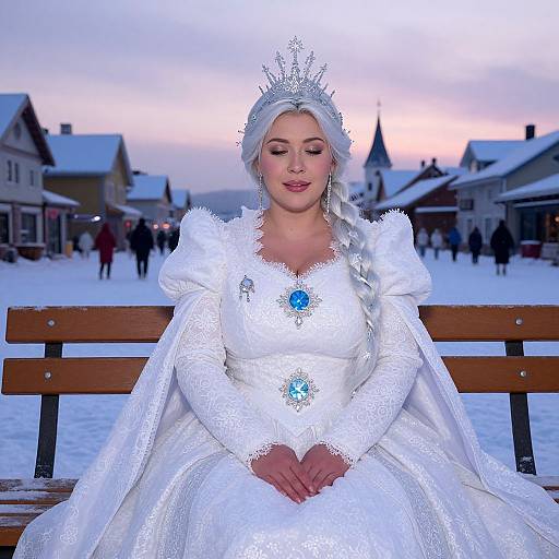 Photograph of a fair-skinned woman with white hair in a braid, wearing a silver crown, white lace gown, and blue brooches
